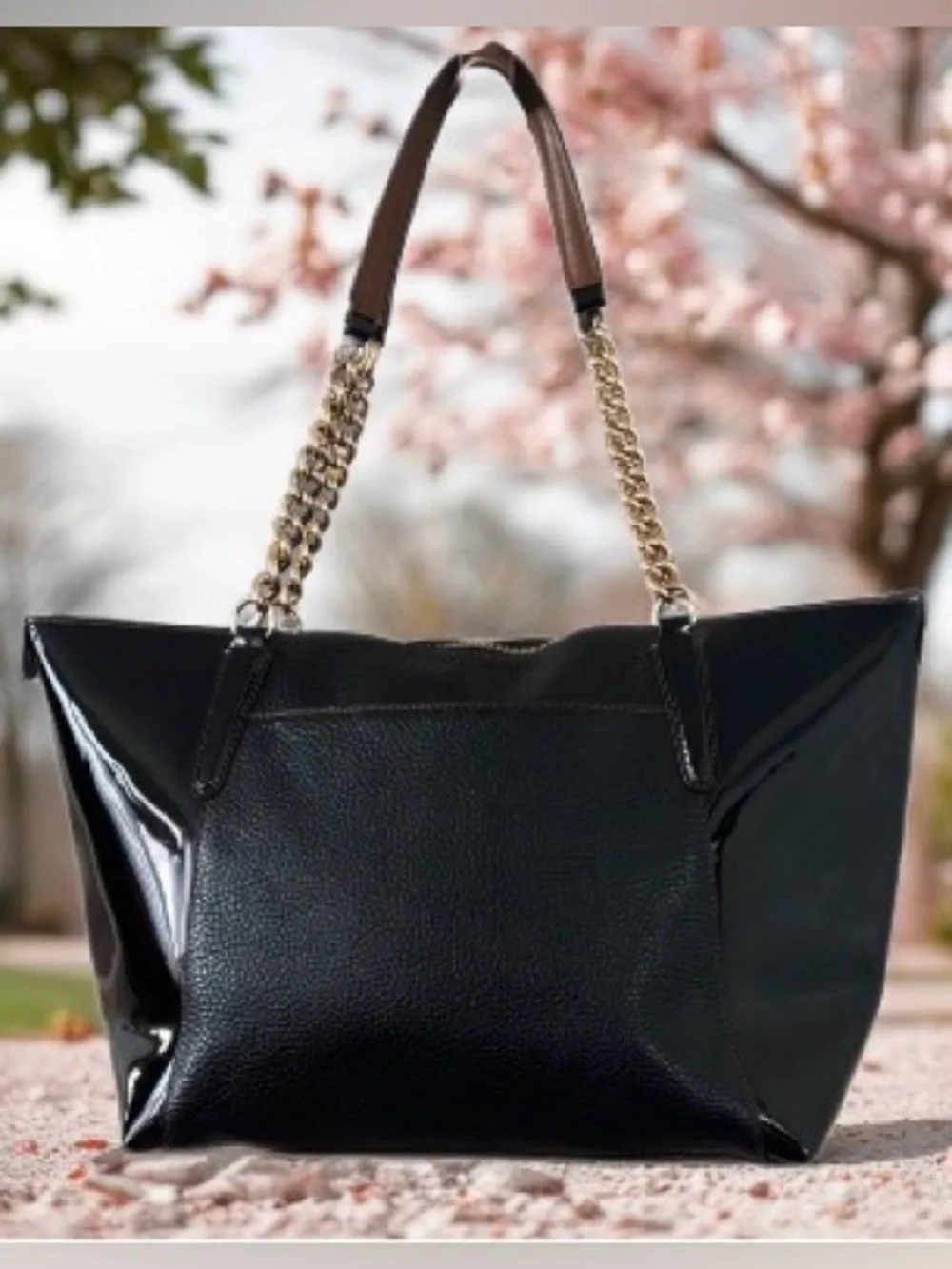 Coach Black Leather Tote with Gold Chain Straps
